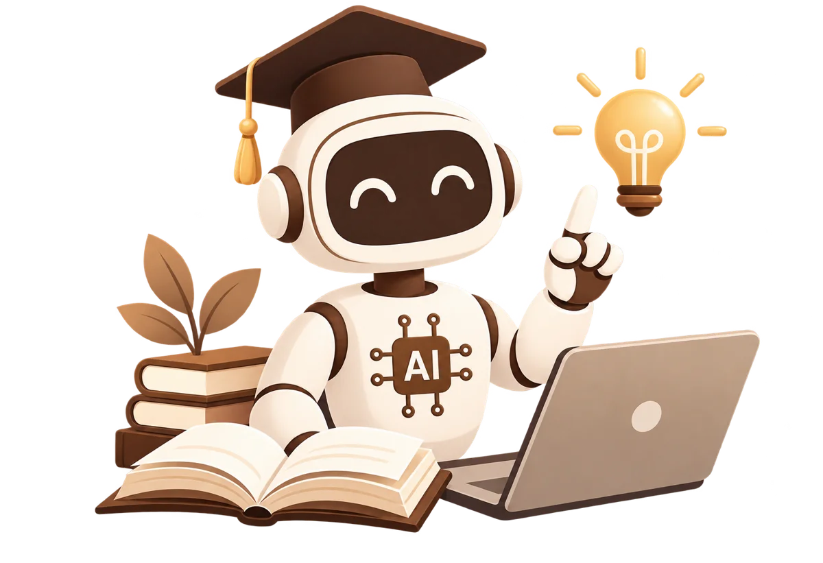 Illustration of a friendly AI robot assistant with a graduation cap, an open book and a laptop